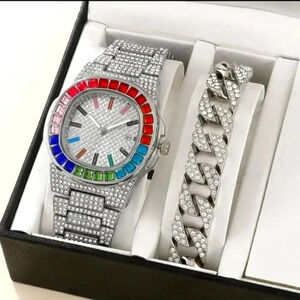 Rhinestone Decor Round Quartz Watch &  Bracelet...NWT